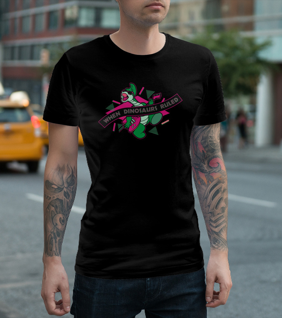 WHEN DINOSAURS RULED Electric Guitar Dinosaur Retro Vibes T-Shirt
