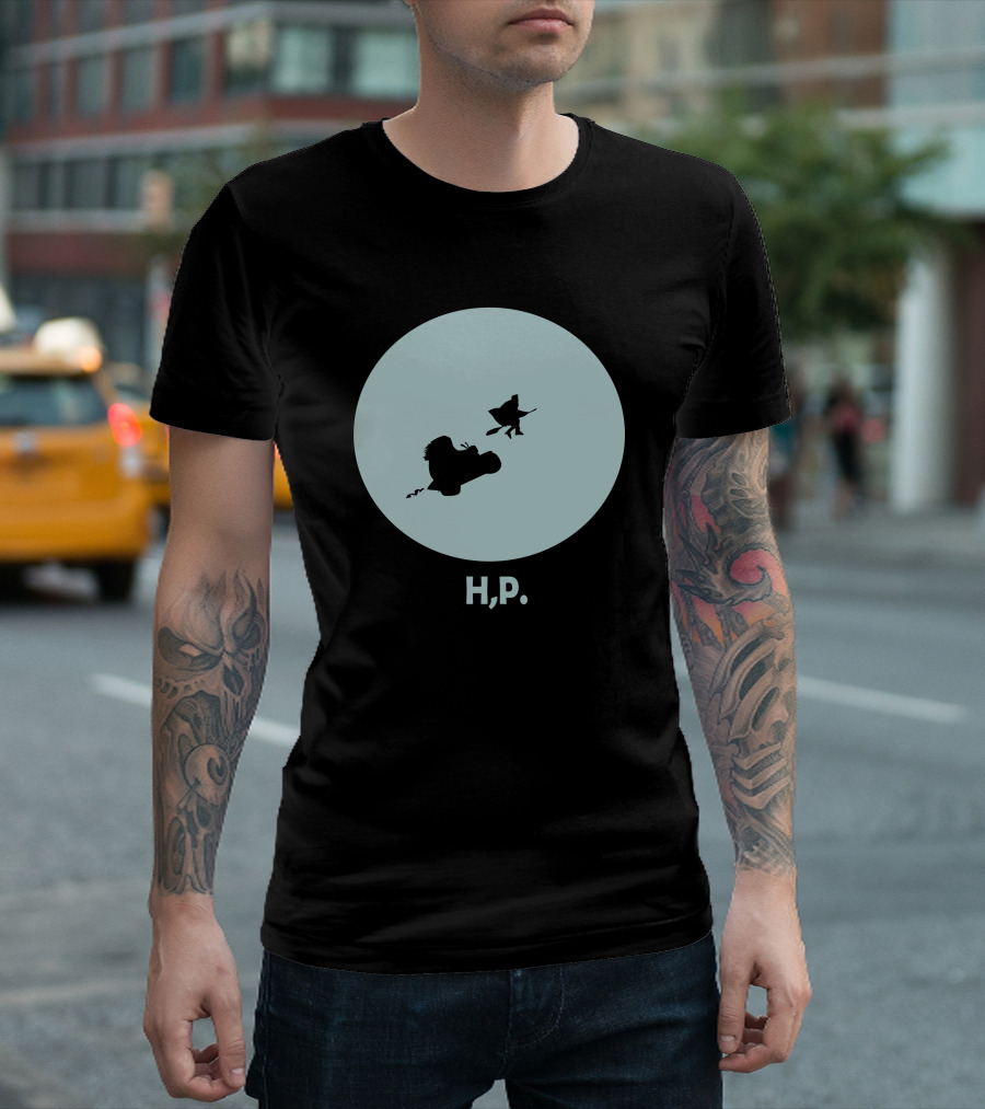 H,P Flying Broomstick Silhouette Icon Moon Background T-Shirt