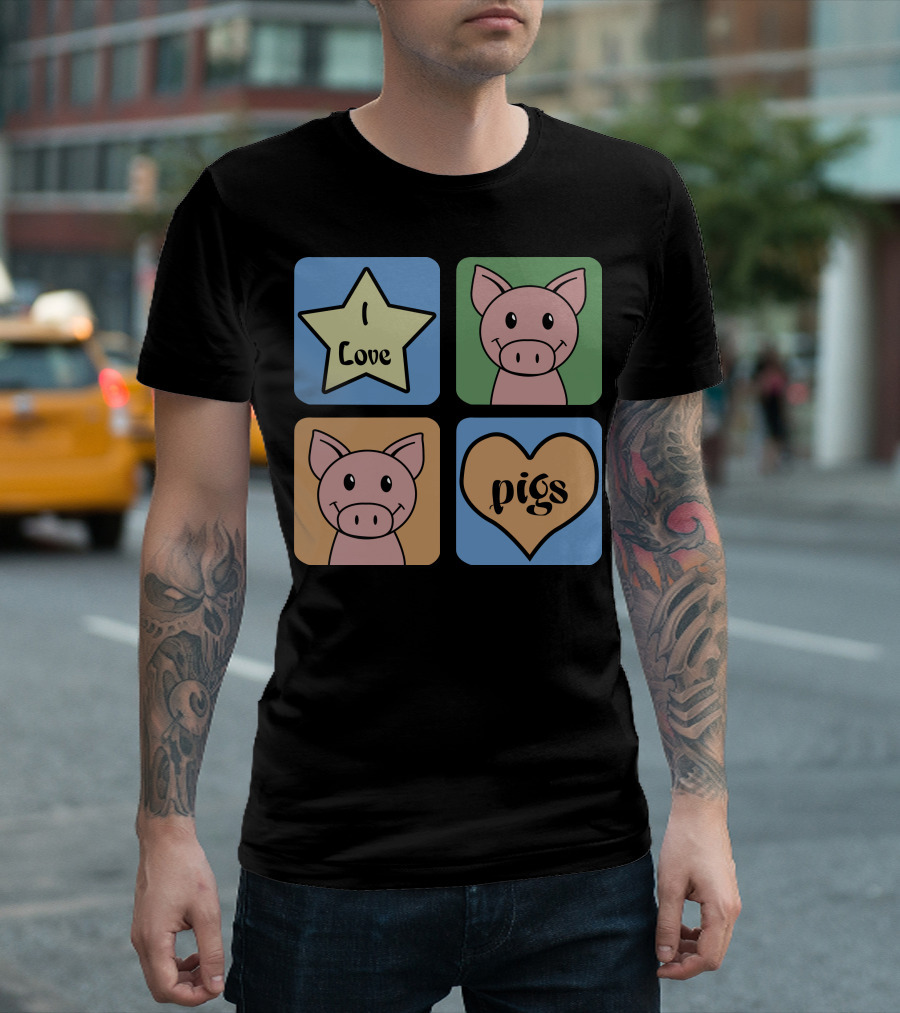 I Love Pigs Cute Cartoon Pig Faces And Heart T-Shirt