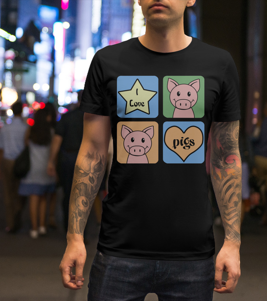I Love Pigs Cute Cartoon Pig Faces And Heart T-Shirt