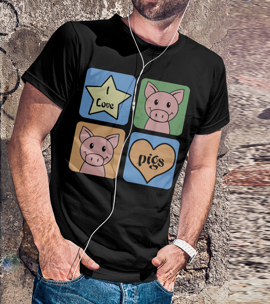 I Love Pigs Cute Cartoon Pig Faces And Heart T-Shirt