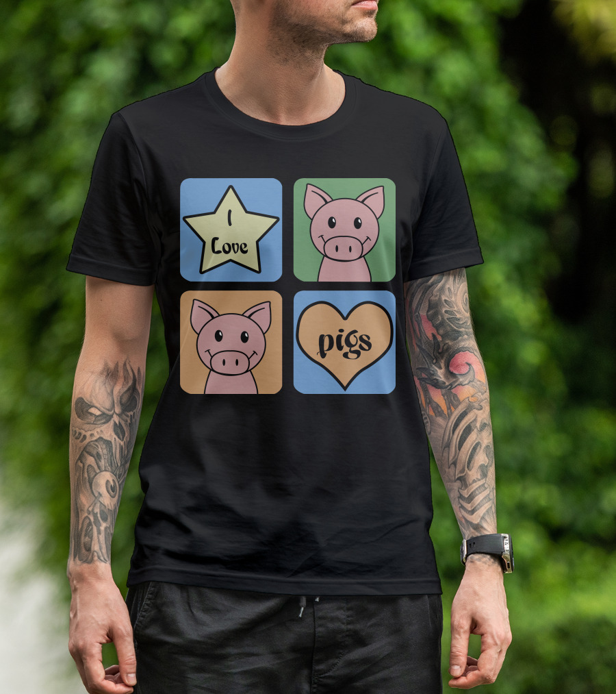 I Love Pigs Cute Cartoon Pig Faces And Heart T-Shirt