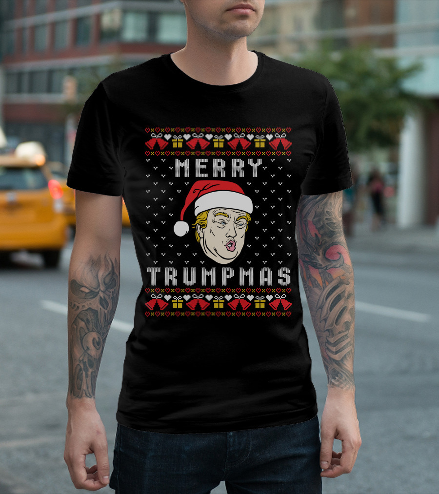Merry Trumpmas Santa Hat Christmas Sweater Presidents Face Gift Boxes T-Shirt