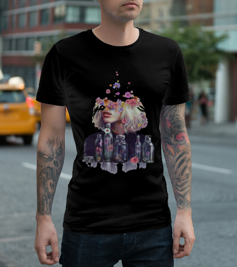 Metamorphosis Flowers in Bottles and Blossoms from Hair T-Shirt