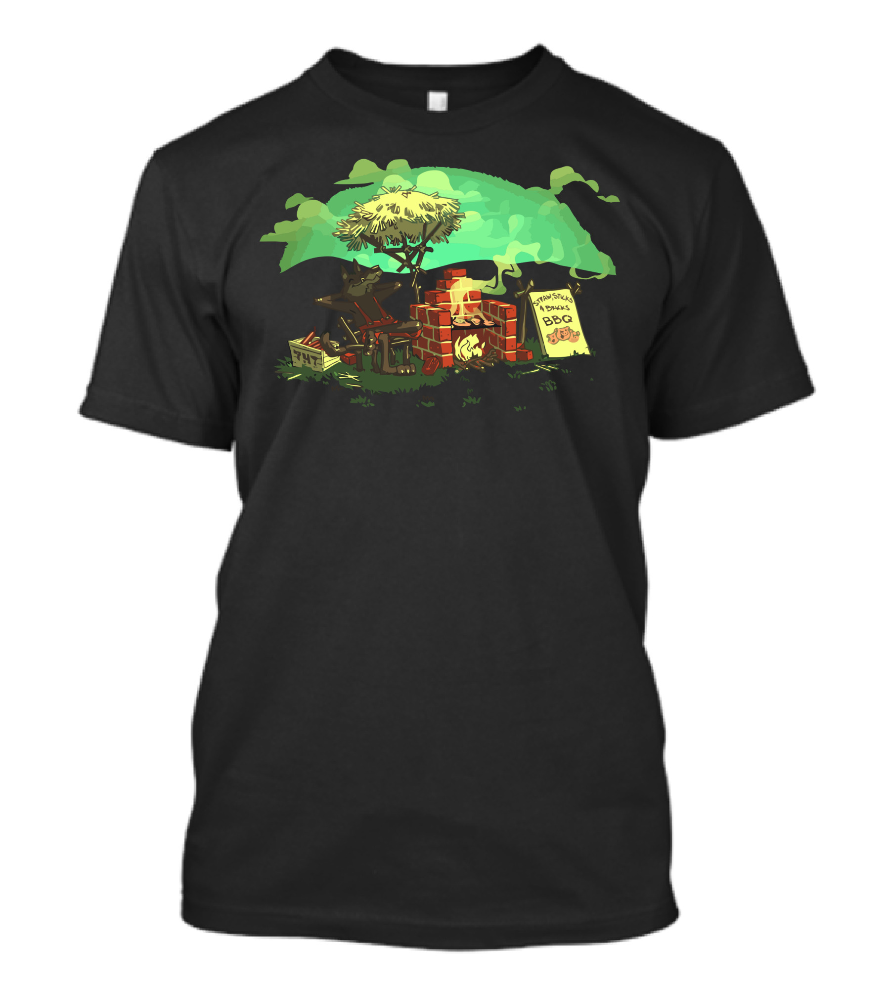Straw Sticks Bricks BBQ Wolf Fire Pit Scene T-Shirt