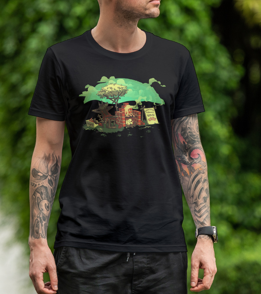 Straw Sticks Bricks BBQ Wolf Fire Pit Scene T-Shirt