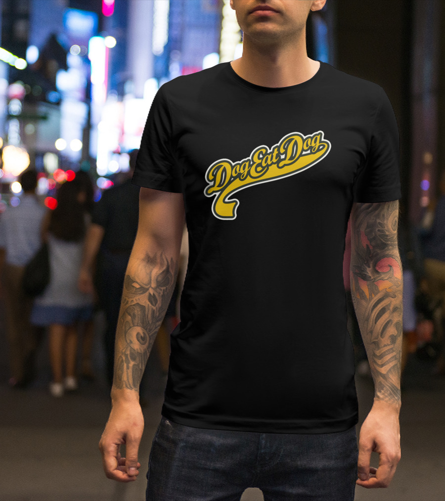 Dog Eat Dog Retro Script Text With Yellow Curve Decoration T-Shirt