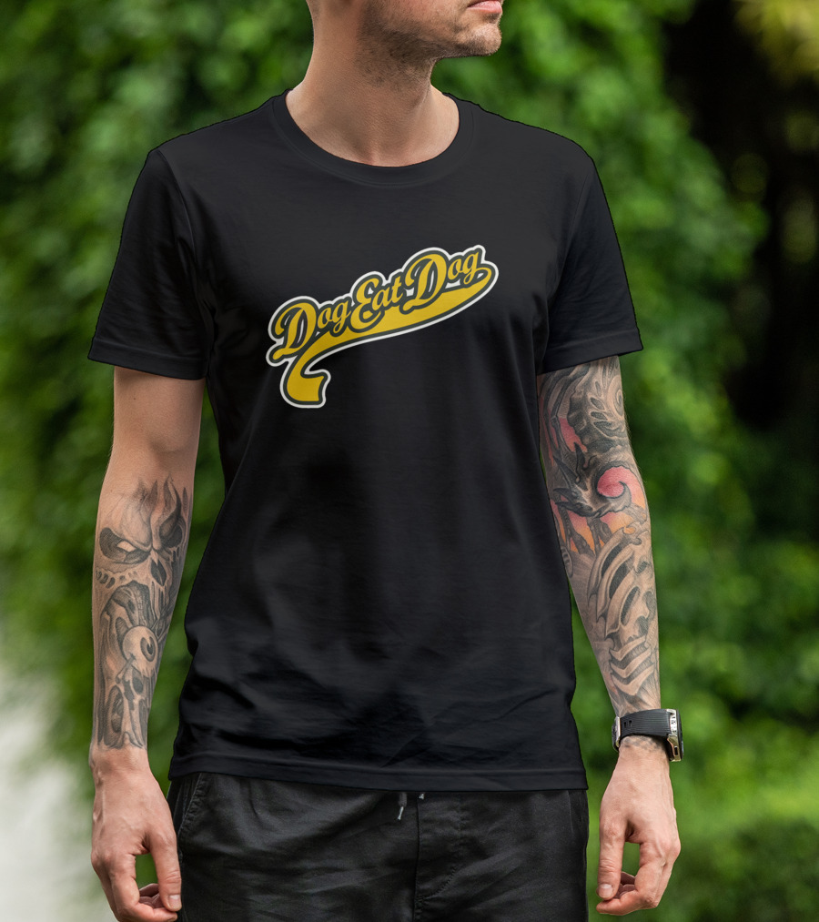 Dog Eat Dog Retro Script Text With Yellow Curve Decoration T-Shirt