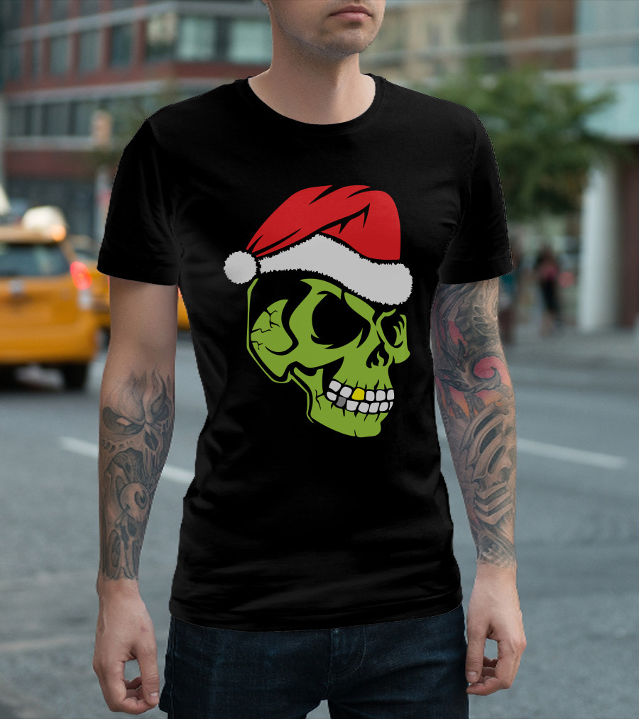 Gold Tooth Green Skull Wearing Santa Hat T-Shirt