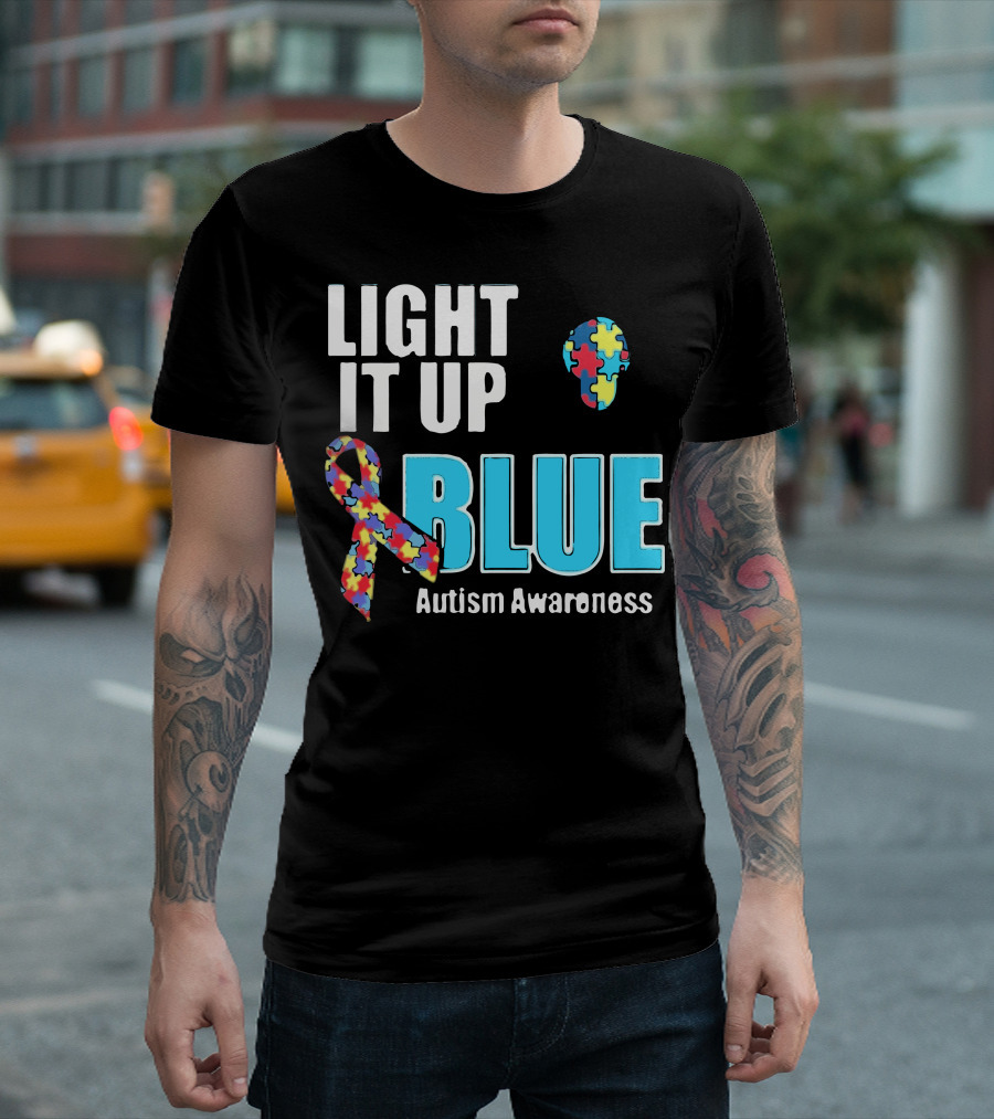 Light It Up Blue Autism Awareness Puzzle Ribbon and Head T-Shirt