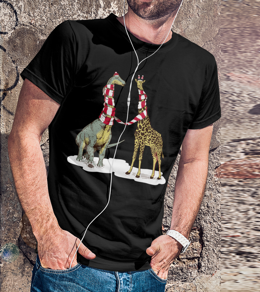 Neck The Halls Dinosaur And Giraffe In Christmas Scarves T-Shirt