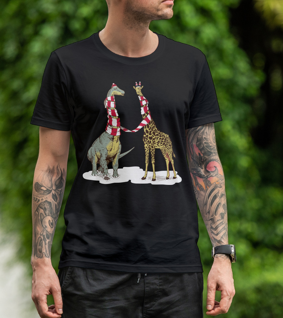 Neck The Halls Dinosaur And Giraffe In Christmas Scarves T-Shirt