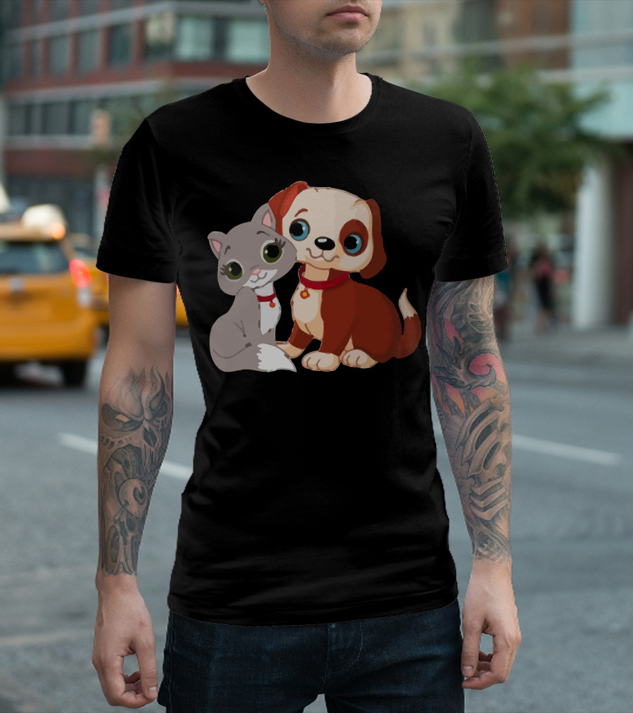 Adorable Puppy and Kitten Duo with Red Collars T-Shirt