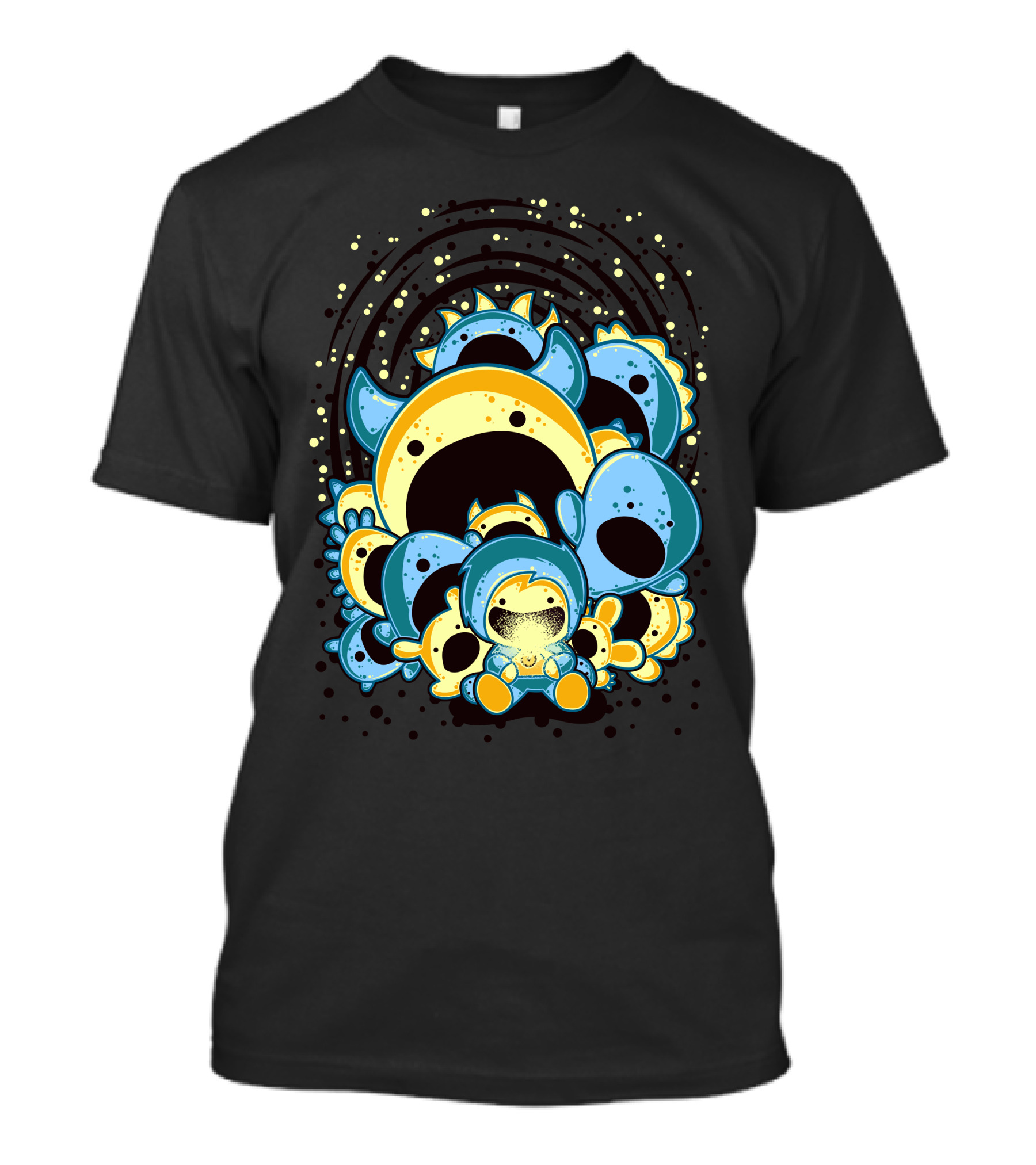 Child Surrounded By Cartoon Monsters In Blue And Yellow Shadows T-Shirt