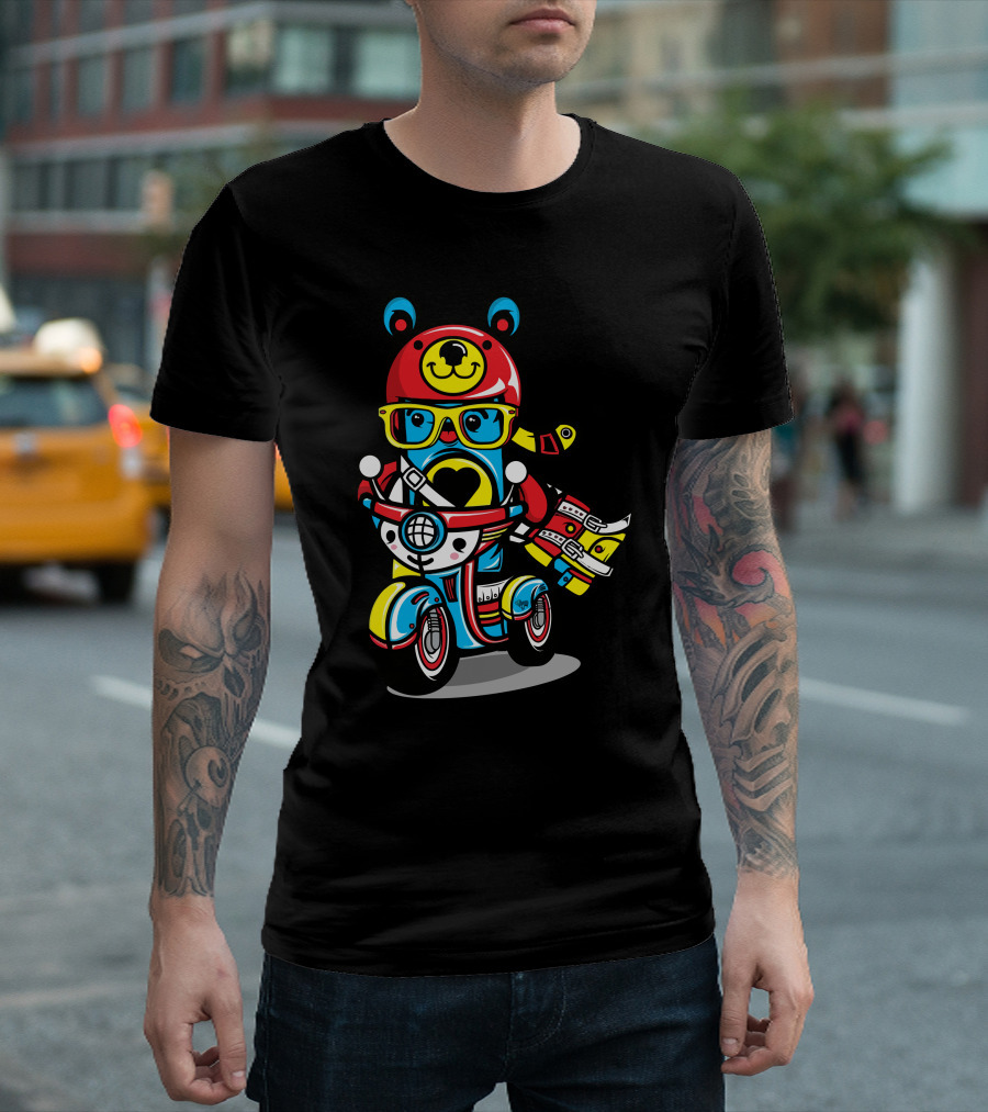Chocotoy Bear Riding Scooter With Heart Helm And Glasses T-Shirt