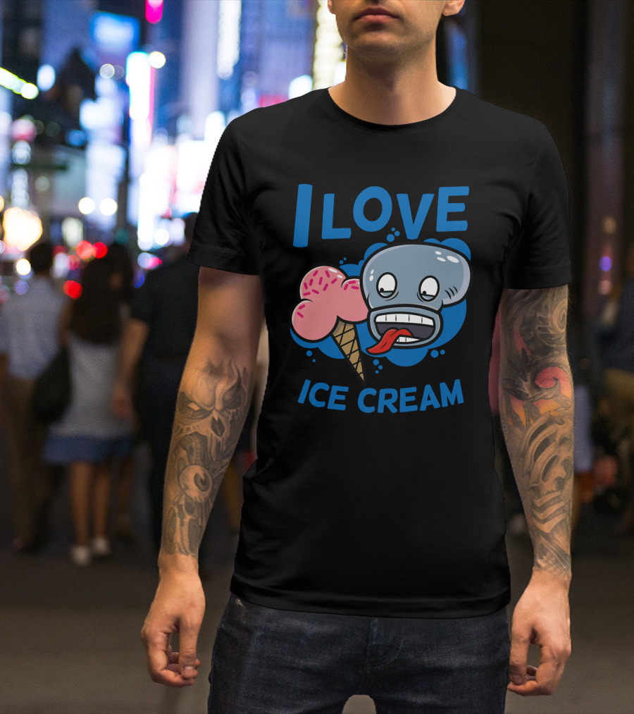 I Love Ice Cream Funny Blue Face Licking Cartoon Cone T-Shirt