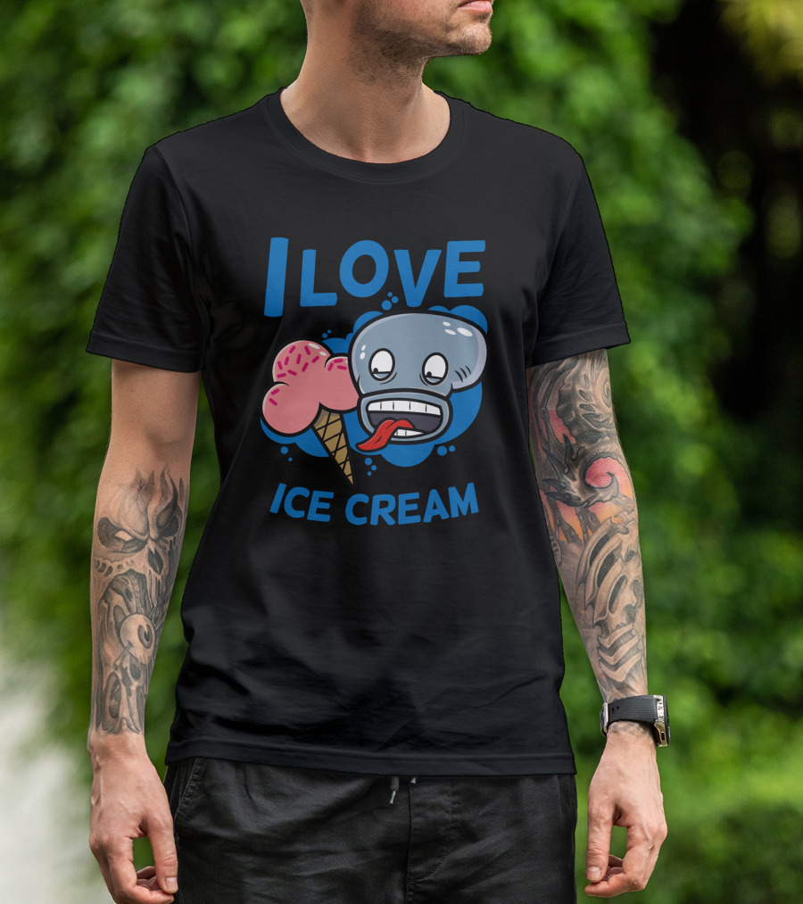 I Love Ice Cream Funny Blue Face Licking Cartoon Cone T-Shirt