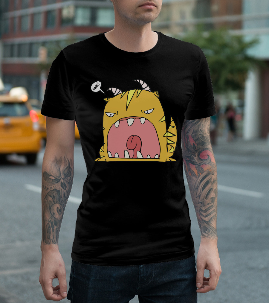Ima Monster Rawr Yellow Cartoon Creature with Horns Large Mouth T-Shirt