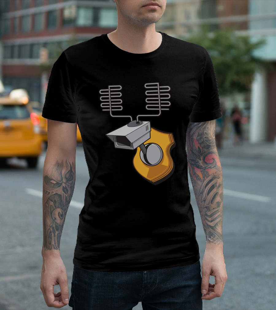Inconspicuous Surveillance Camera with Satellite Antennas on Sheriff Badge T-Shirt