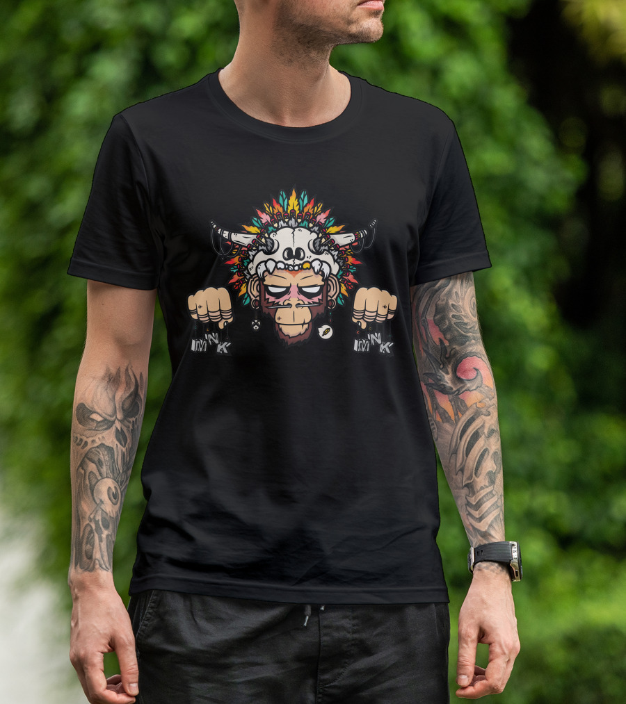 Ape Warrior With Feathered Headdress Holding IM'NK Charms T-Shirt