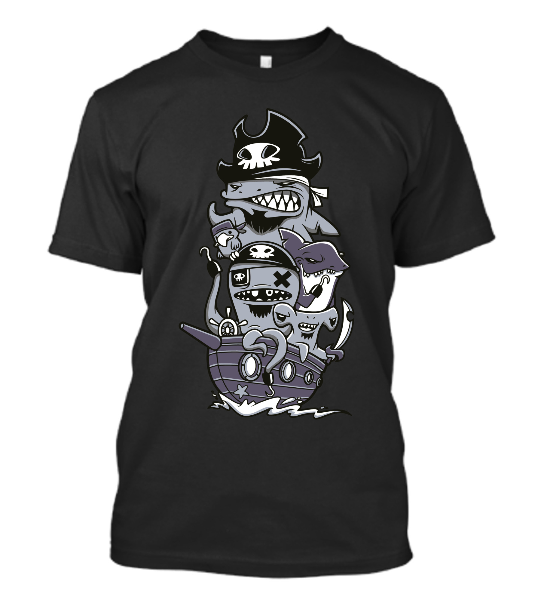 Arrr Pirate Cartoon Sharks On Pirate Ship T-Shirt