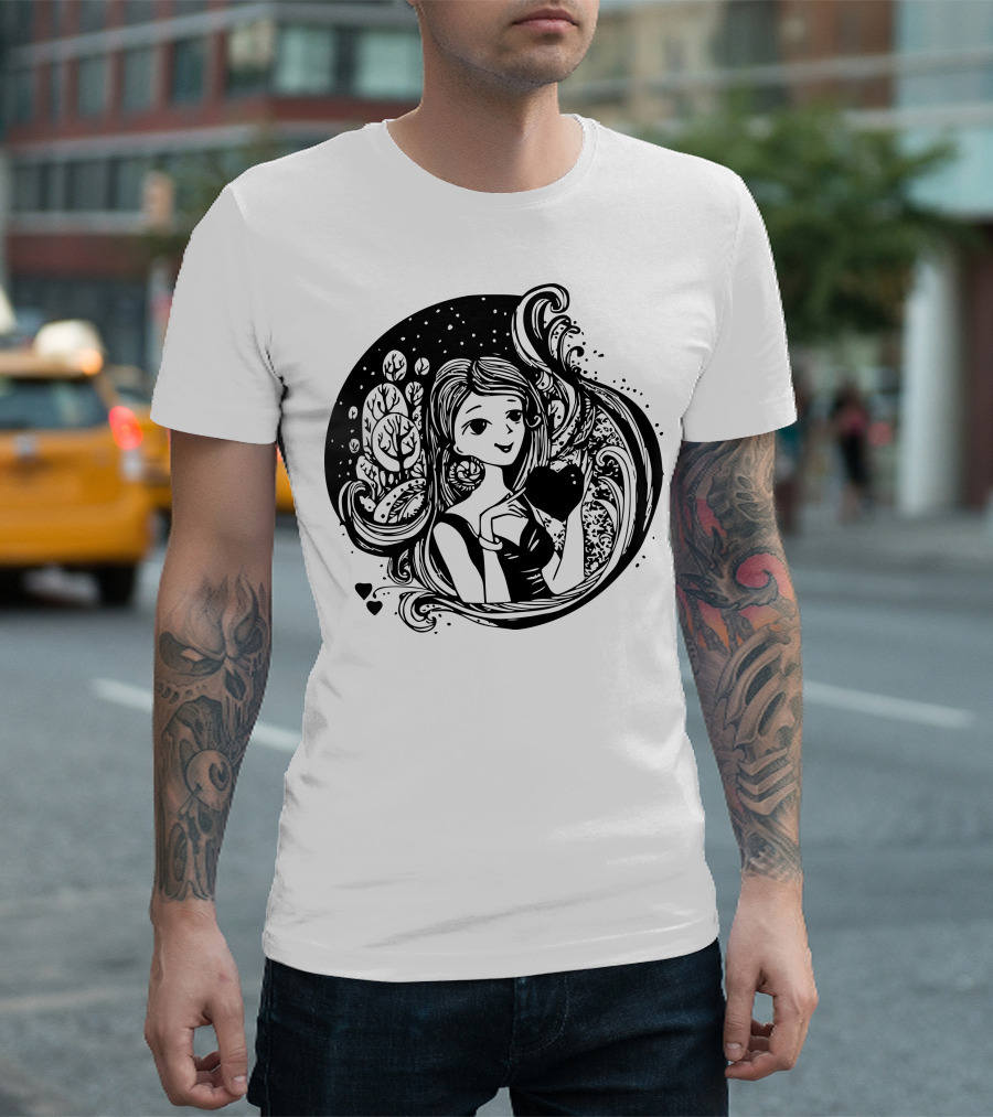 Beautiful Nighttime Lady with Heart and Nature Elements T-Shirt