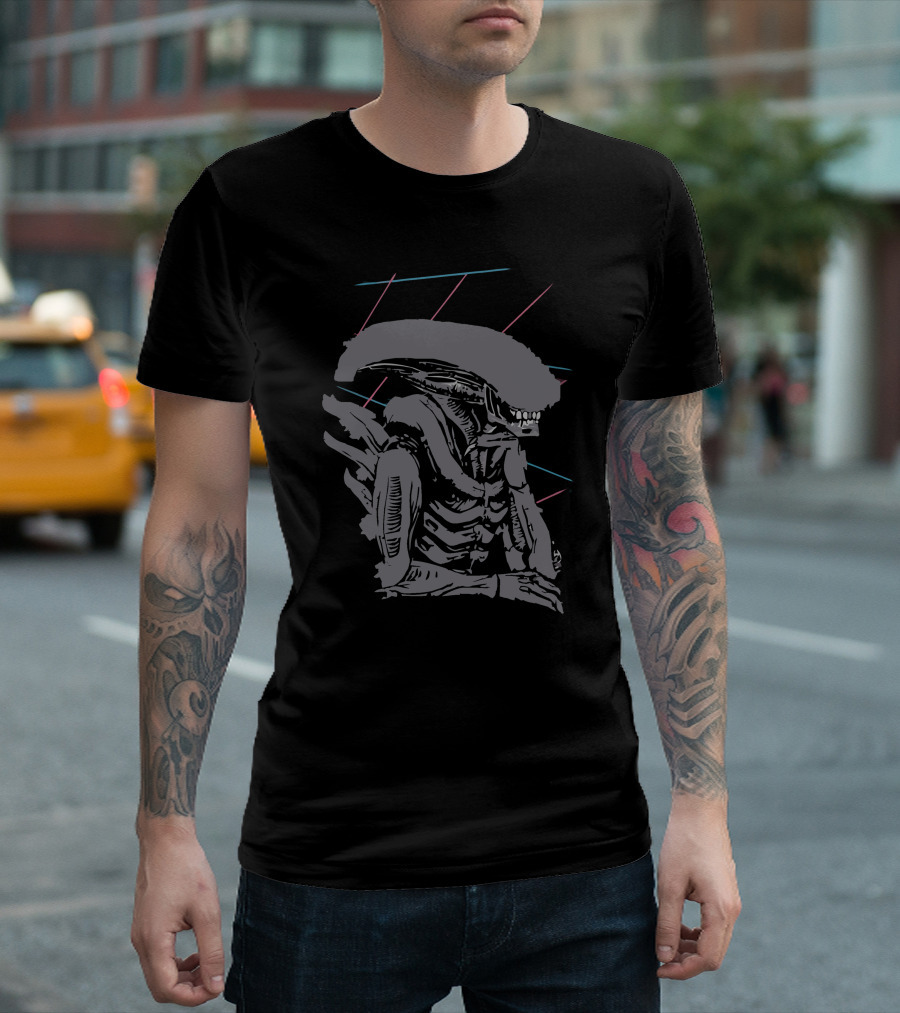Retro Futuristic Alien with Geometric Neon Accents T-Shirt