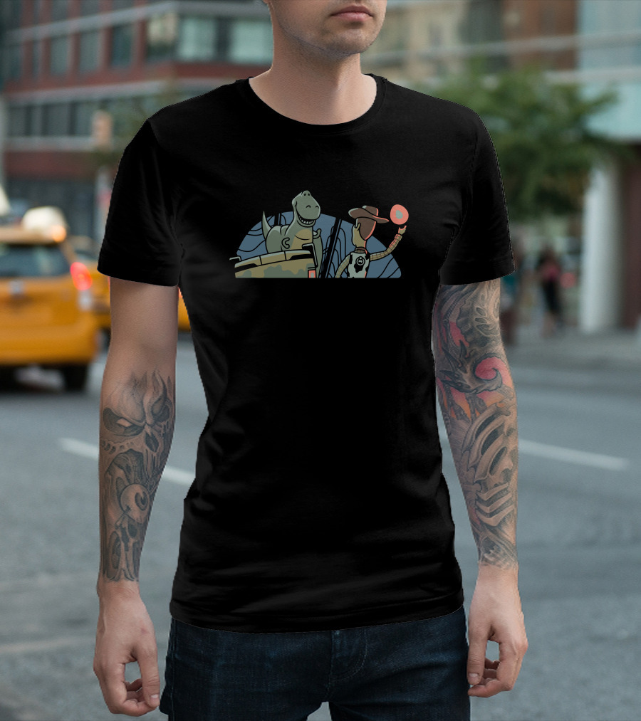 Jurassic Story Crossover With Dinosaur And Cowboy Toy In Jeep T-Shirt