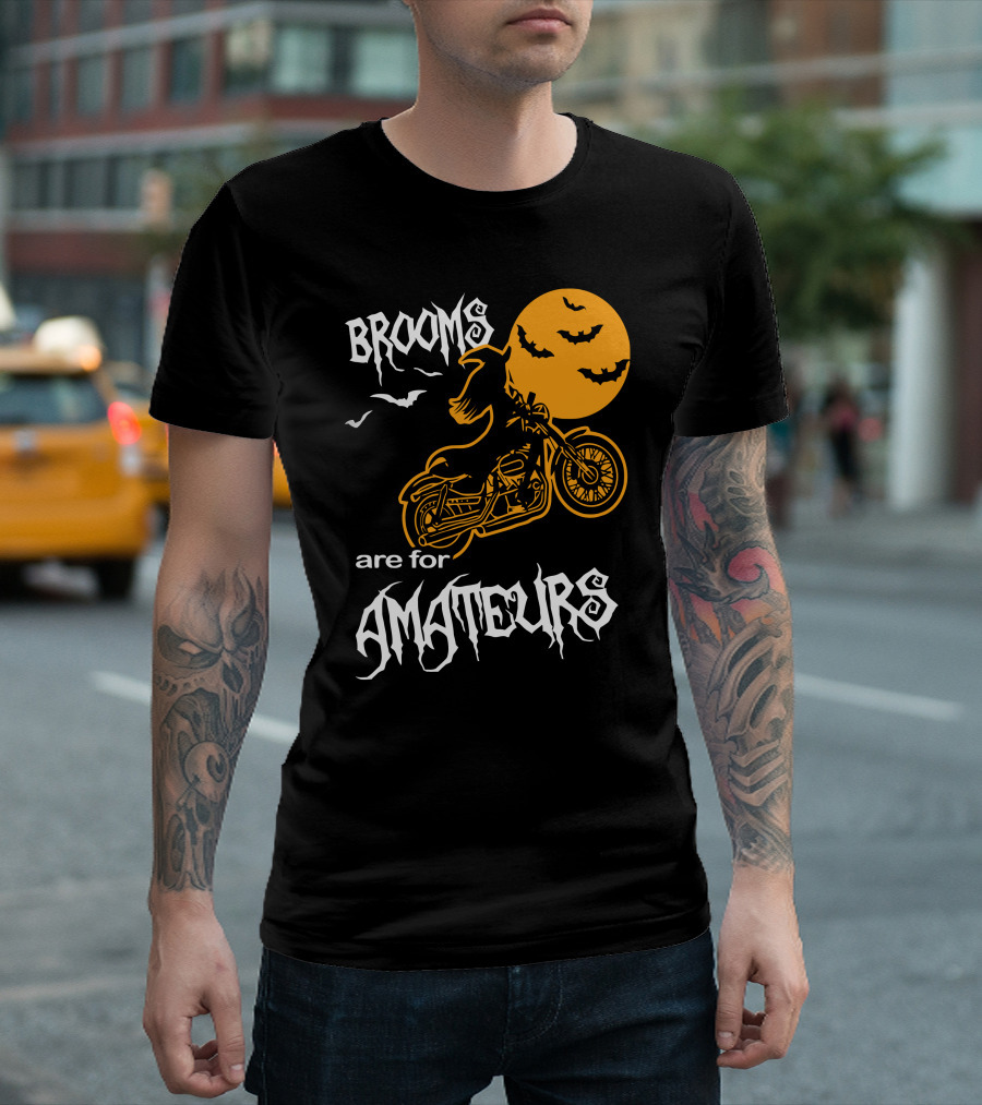 Brooms Are for Amateurs Motorcycle Riders Halloween Moon Bats T-Shirt