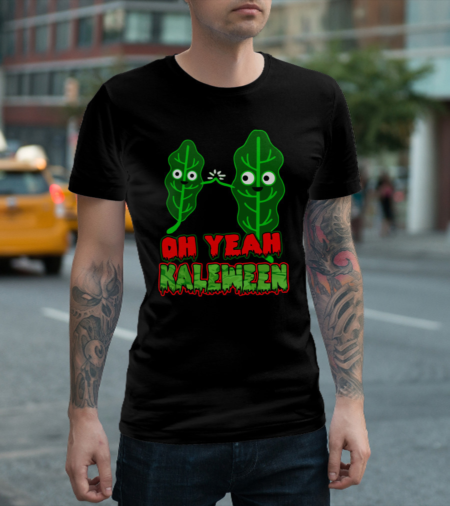 Oh Yeah Kaleween Kale Leaf High Five Spooky Text T-Shirt
