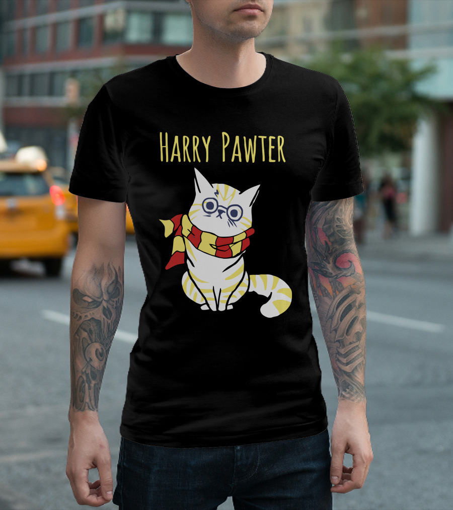 Harry Pawter Cat With Glasses And Gryffindor Scarf T-Shirt