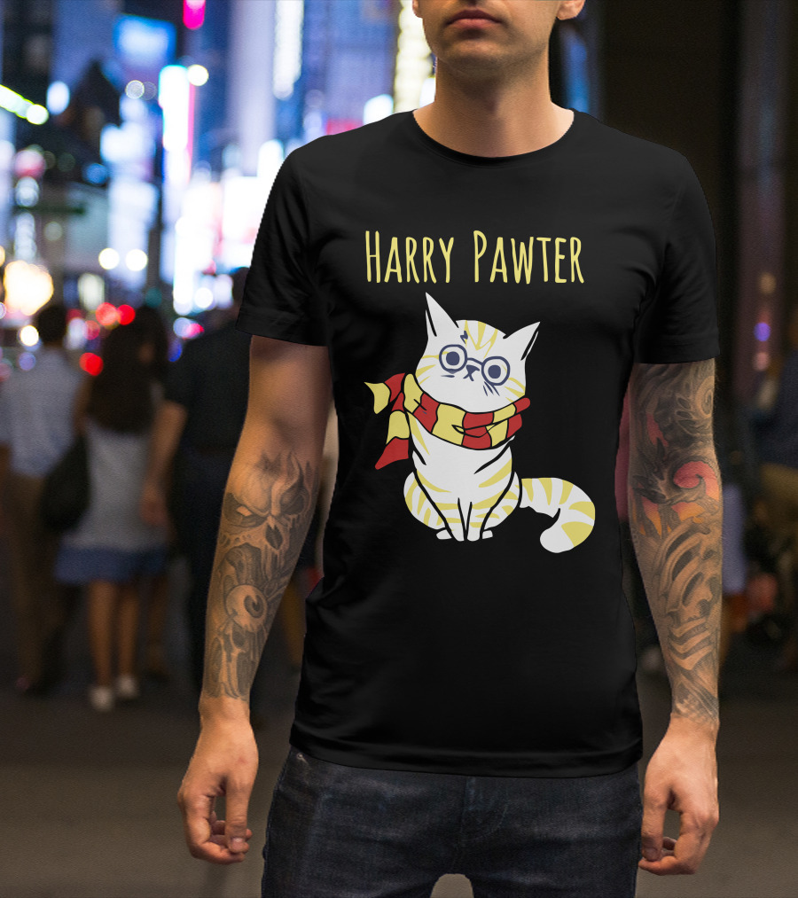 Harry Pawter Cat With Glasses And Gryffindor Scarf T-Shirt