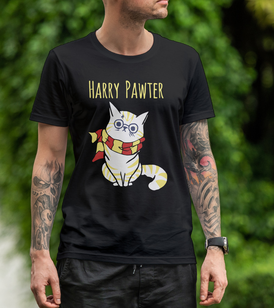 Harry Pawter Cat With Glasses And Gryffindor Scarf T-Shirt