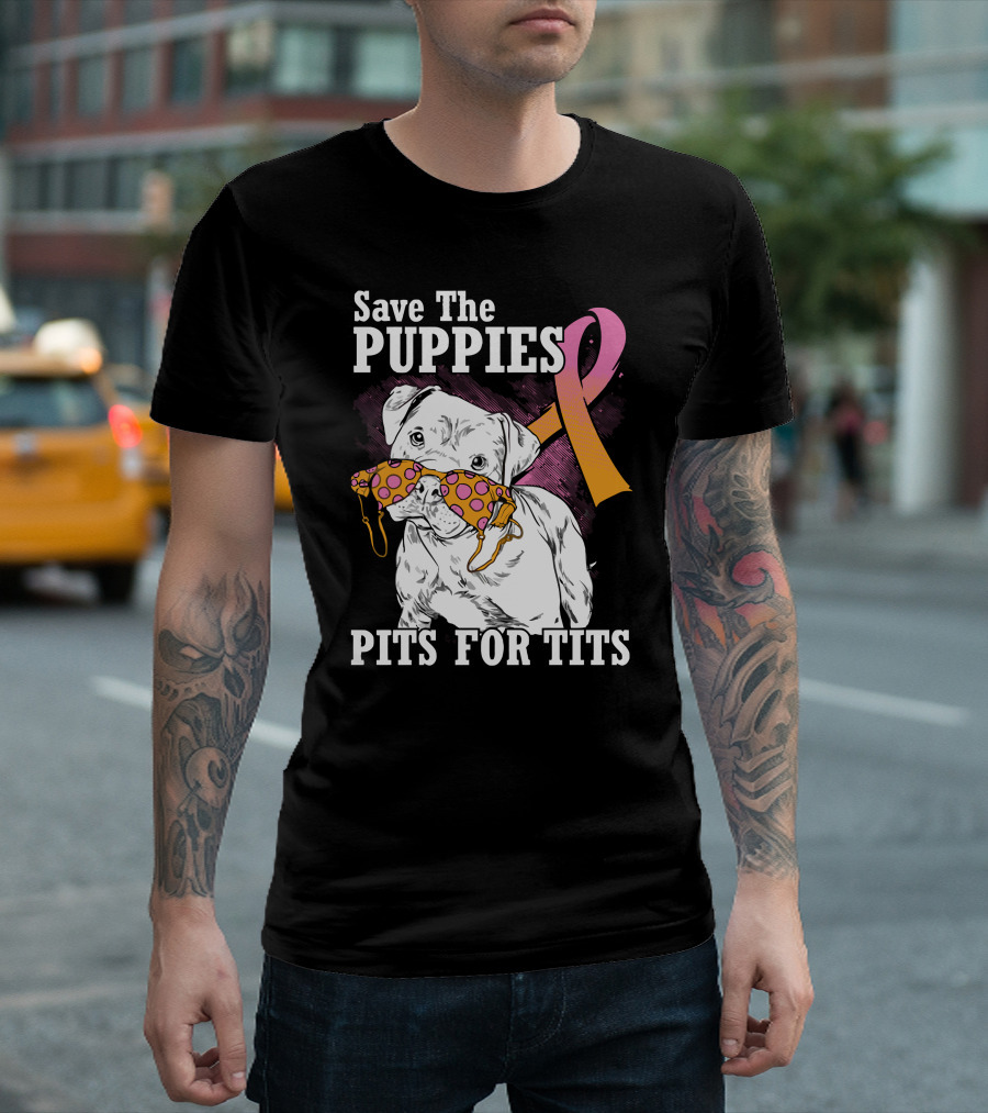 Save The Puppies Pits For Tits Pink Ribbon Dog Image T-Shirt
