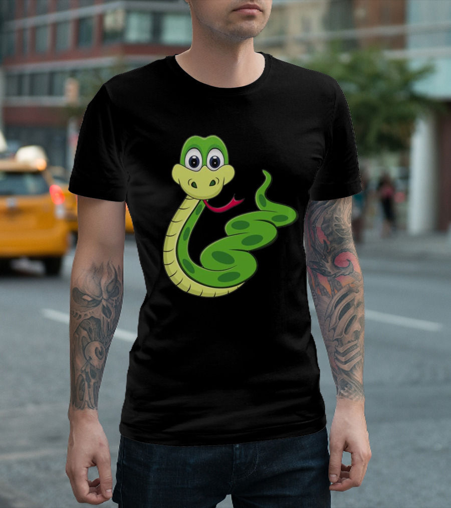 Green Cartoon Smiling Snake Illustration Anime T-Shirt