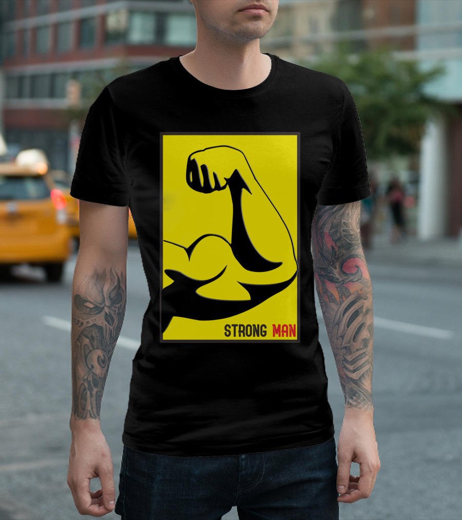 Strong Man Flexing Arm Illustration Yellow and Black T-Shirt