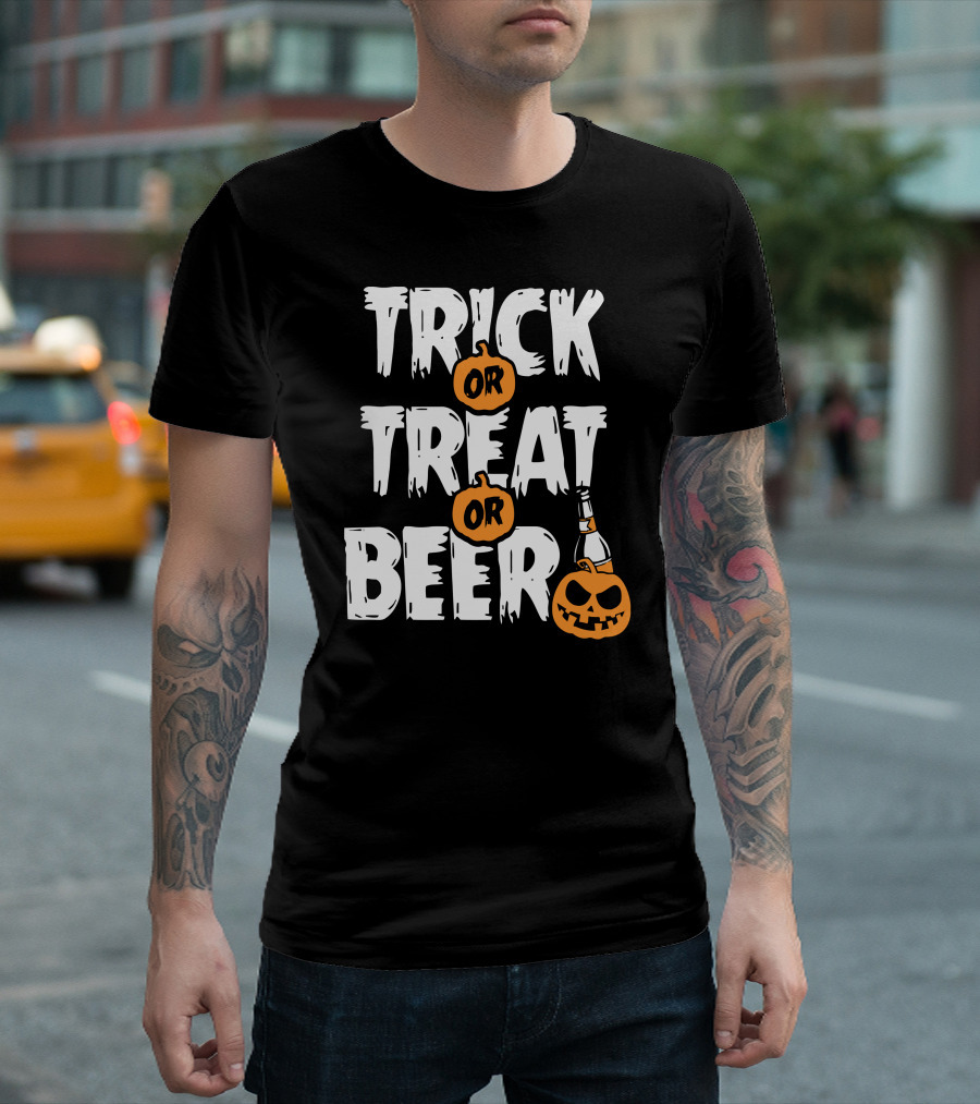 TRICK OR TREAT OR BEER Pumpkin Bottle Halloween T-Shirt