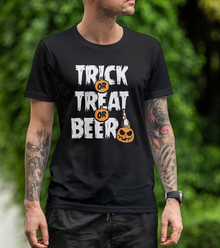 TRICK OR TREAT OR BEER Pumpkin Bottle Halloween T-Shirt