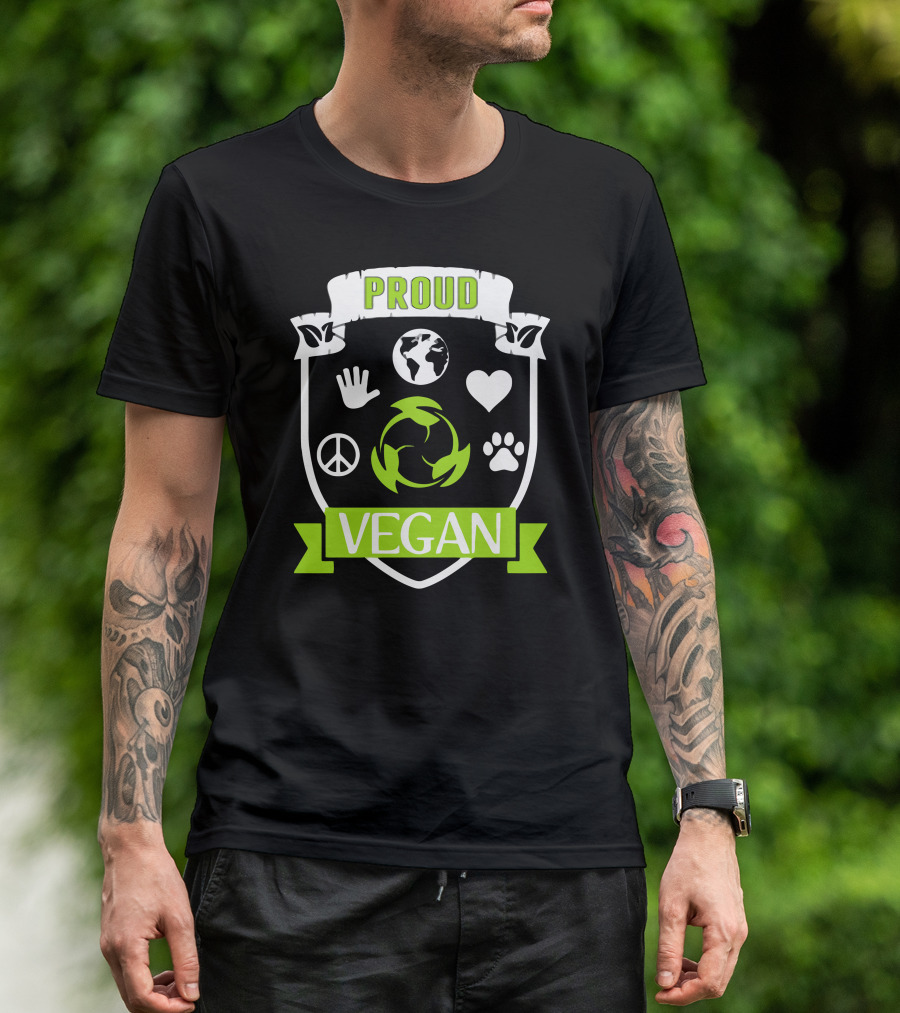 Proud Vegan Earth Peace Heart Paw Recycling Badge T-Shirt