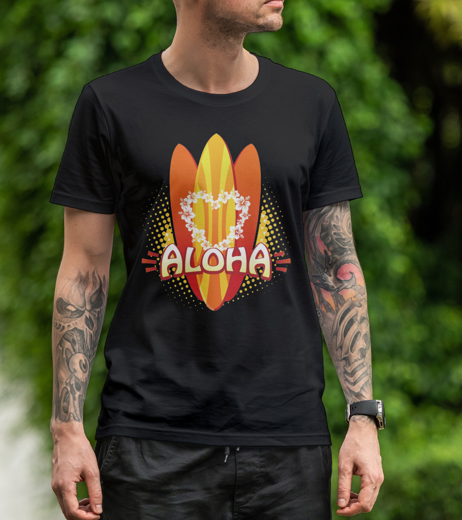 Aloha Floral Heart Surfboards T-Shirt