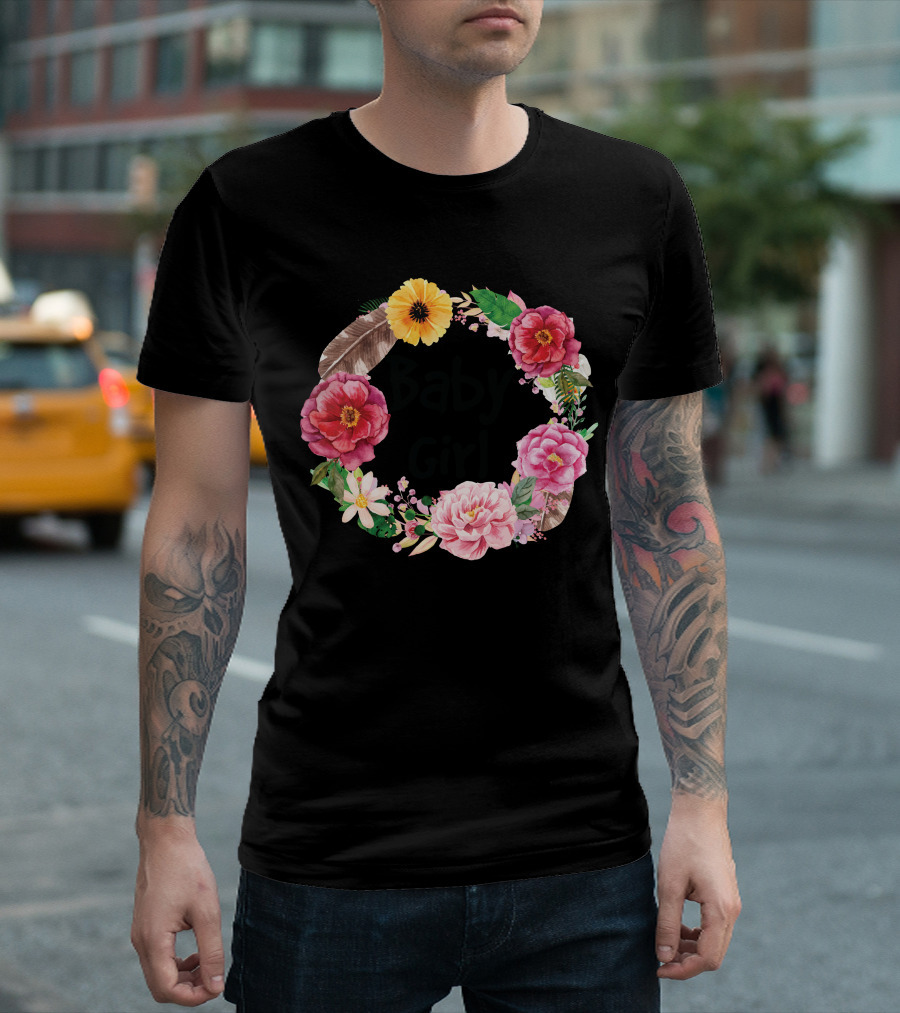 Baby Girl Floral Wreath Pink Red Yellow Flowers T-Shirt