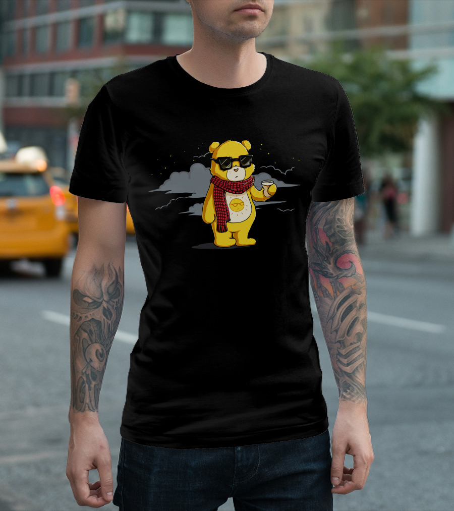 CouldnT Care Less Bear Yellow Cloudy Night Sky Sunglasses Red Plaid Scarf Coffee Cup T-Shirt