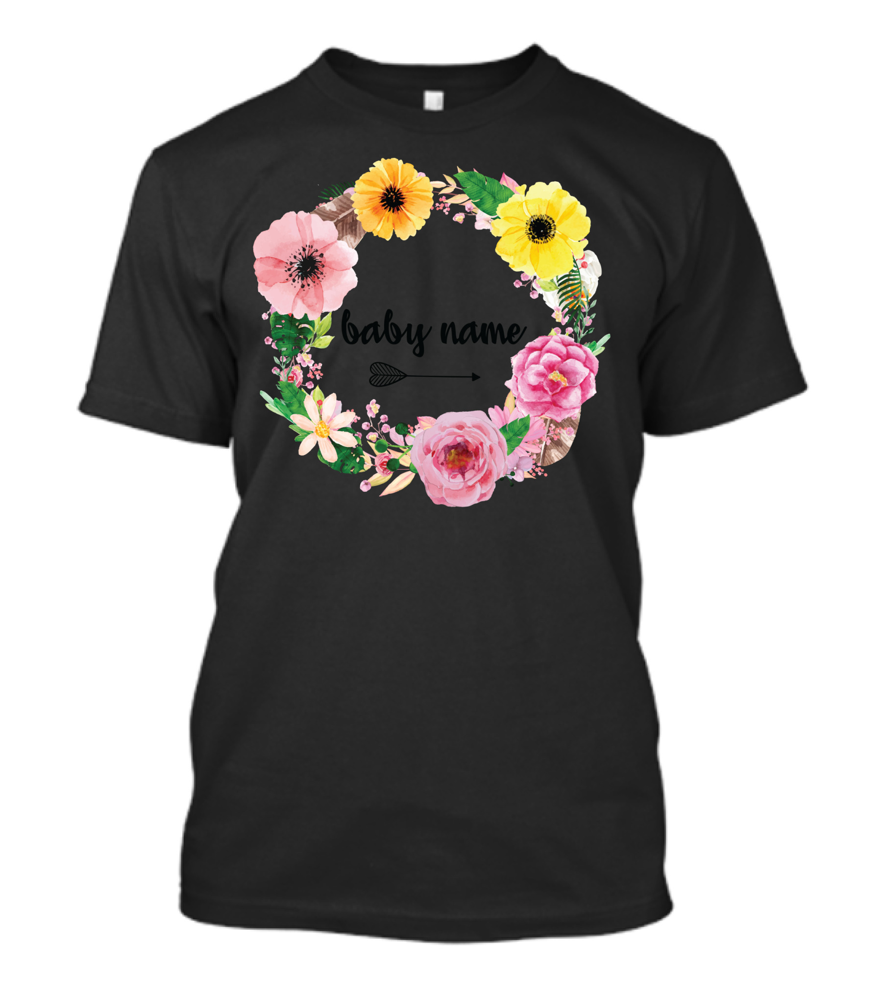 Baby Name Floral Wreath Arrow Pink Yellow Flowers T-Shirt