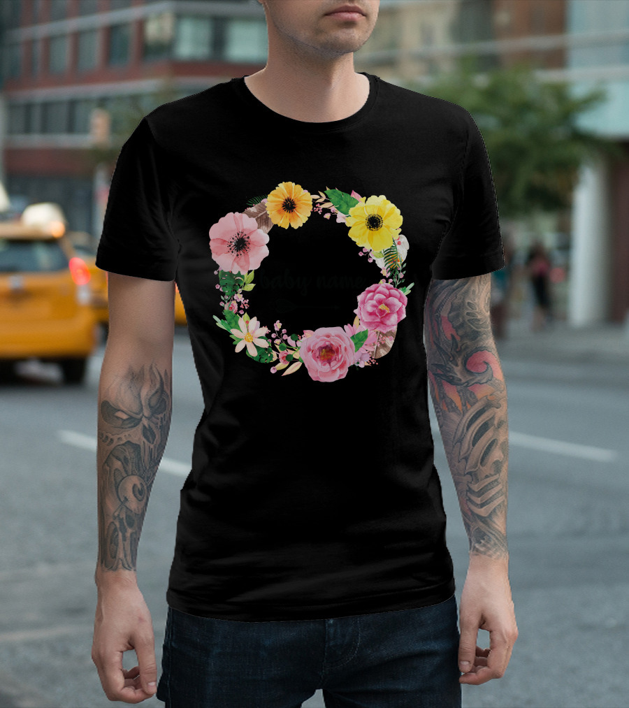 Baby Name Floral Wreath Arrow Pink Yellow Flowers T-Shirt