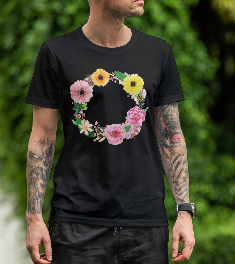 Baby Name Floral Wreath Arrow Pink Yellow Flowers T-Shirt