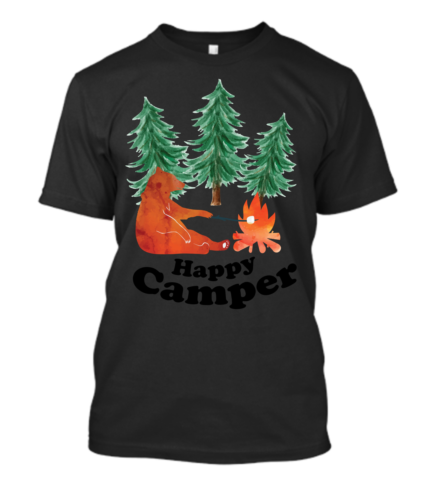Happy Camper Bear Roasting Marshmallow Campfire Forest Scene T-Shirt