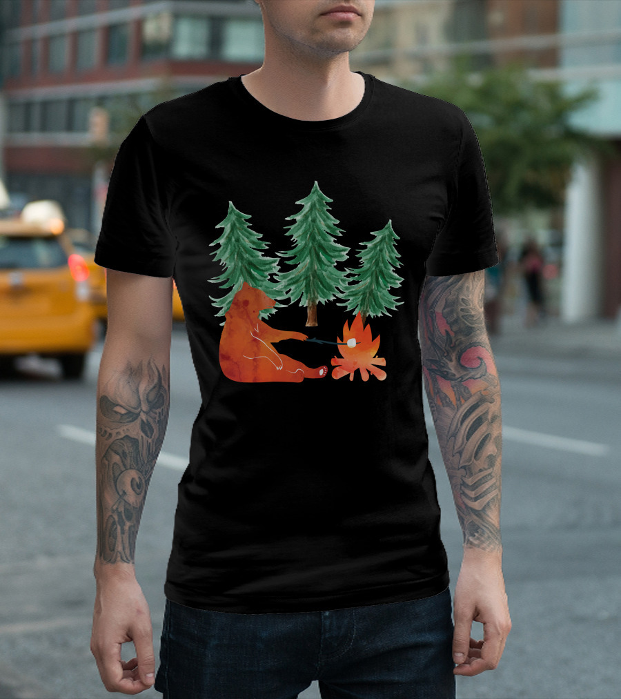 Happy Camper Bear Roasting Marshmallow Campfire Forest Scene T-Shirt