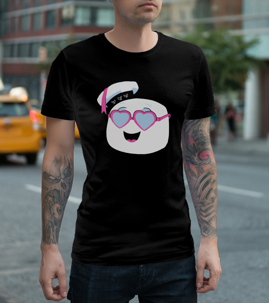Marshmallow Wearing Heart Sunglasses and Sailor Hat with Hearts T-Shirt