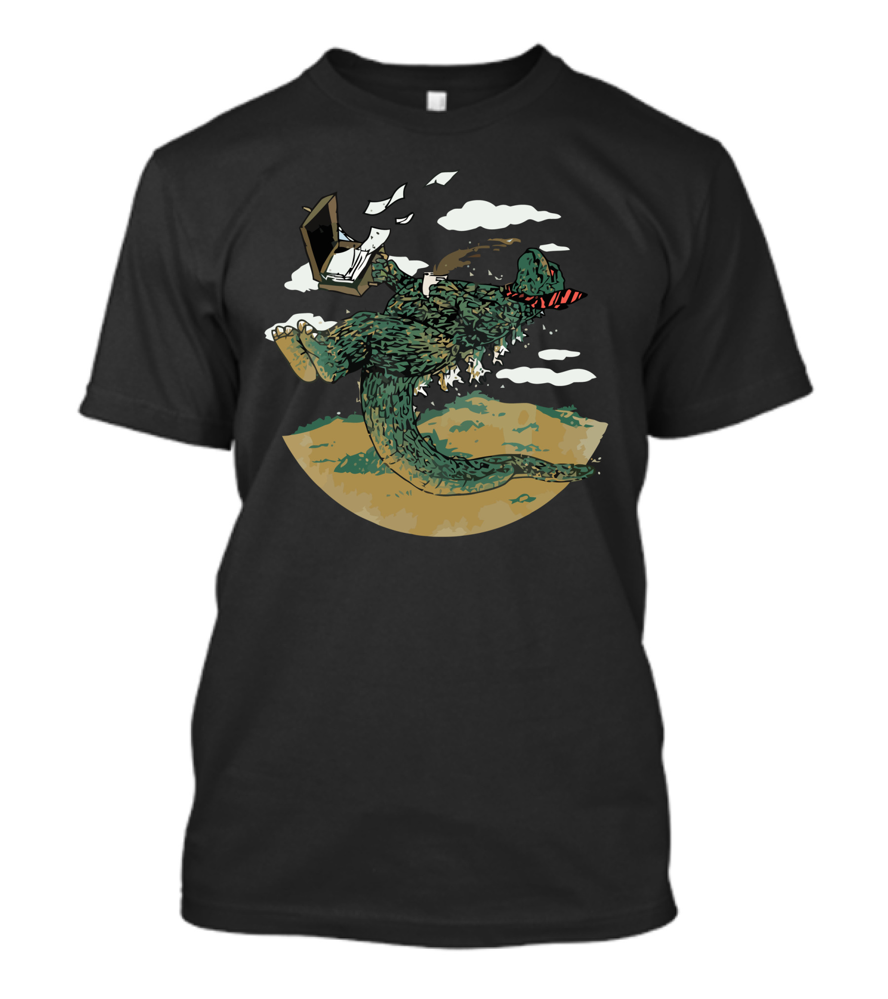 Morning Commute Dinosaur With Briefcase Tie Clouds T-Shirt