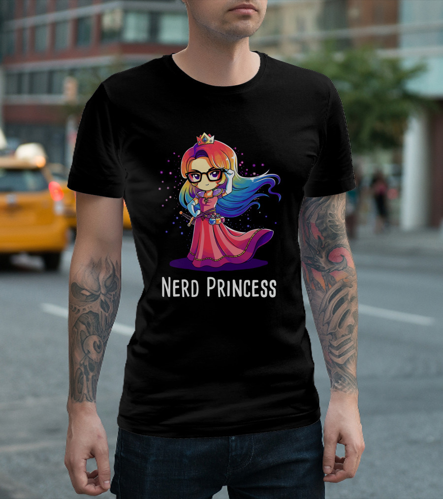 Nerd Princess Colorful Chibi Anime Glasses Rainbow Hair Crown Magic Wand T-Shirt